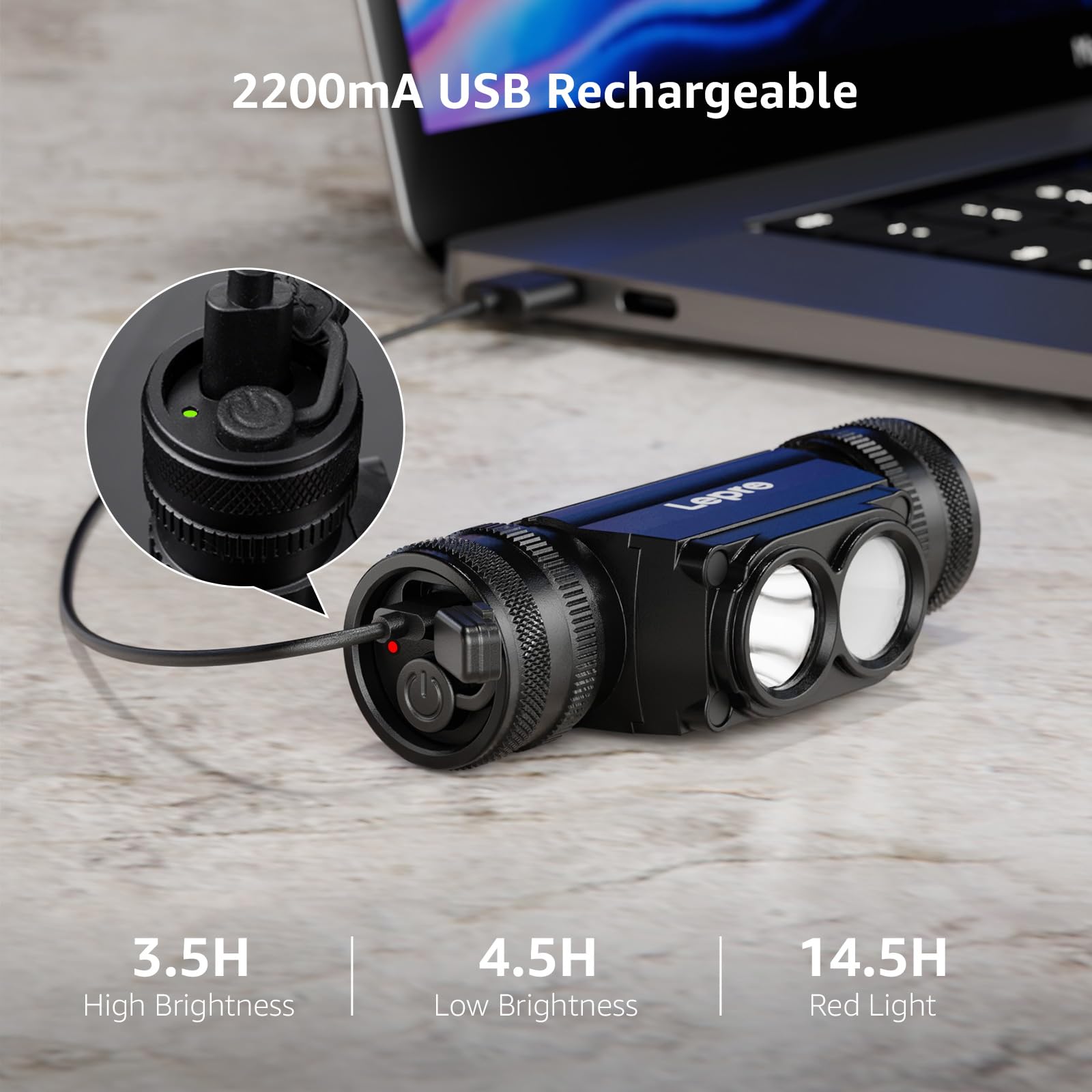 Lepro 1000 Lumen Headlamp Rechargeable - Powerful Detachable Head Lamp with 2200 mAh Battery, Super Bright 500FT Flashlight Beam, IP65 Waterproof LED Headlight for Camping Hiking Hunting Fishing Gear - Image 4