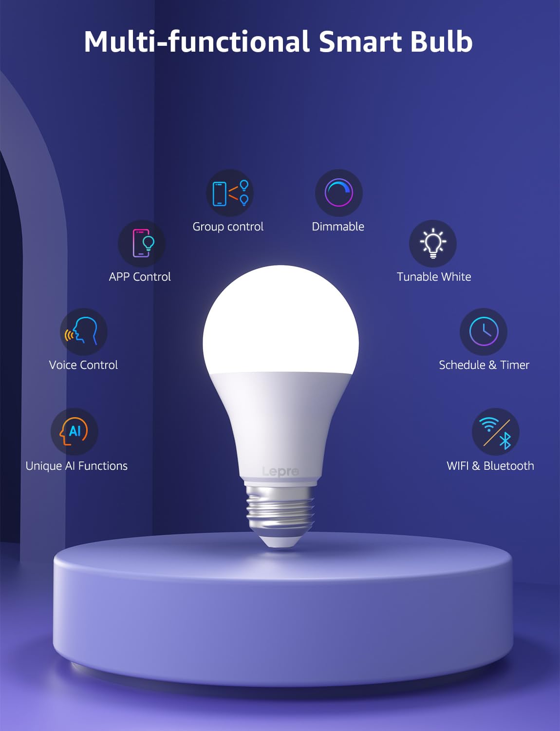 Lepro B1 AI Smart Light Bulbs - RGBWW Color Changing LED Bulb Works with Alexa & Google Assistant, AI Voice Control, Music Sync, A19 E26 Base, 8.5W 800Lumen, 2.4GHz WiFi & Bluetooth, 1 Pack(NO Remote - Image 9
