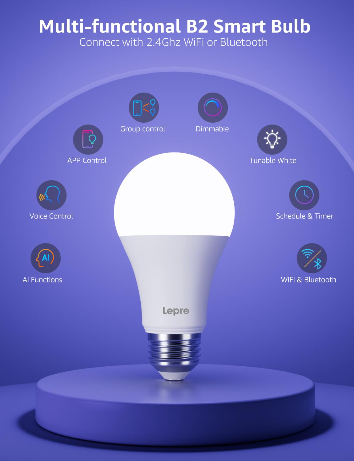 Lepro B2 AI Smart Light Bulbs - 1100LM WiFi & Bluetooth RGBWW Color Changing LED Bulb, Works with Alexa & Google Assistant, Personalized Al Lighting Designer, AI Voice Control, 2.4GHz Only, 2 Pack - Image 9