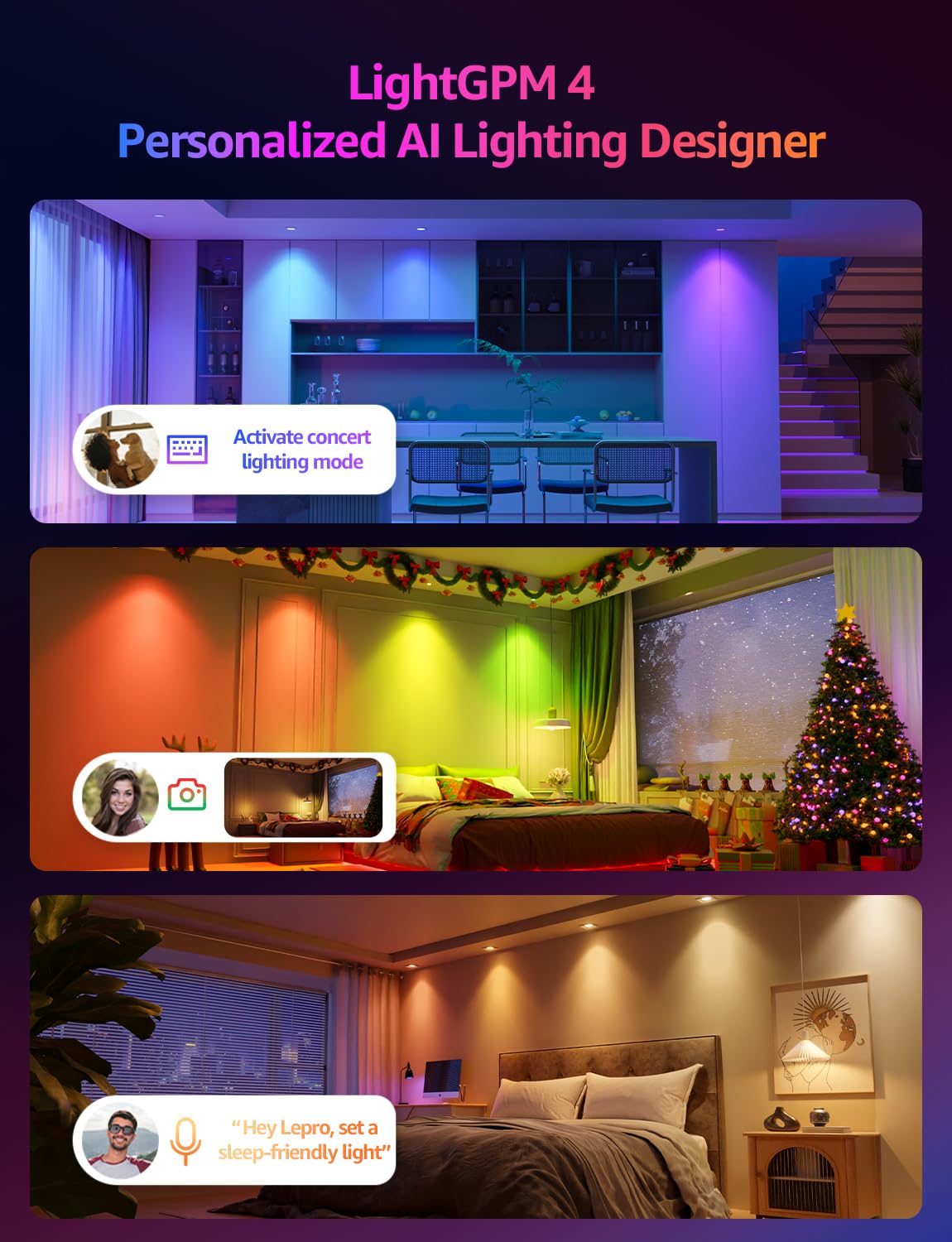 Lepro BG1 AI GU10 Smart Bulb - RGBCW Dimmable Color Changing LED Bulbs Works with Alexa & Google Assistant, Personalized Al Lighting Designer, Voice Control via App, Music Sync, 2.4G WiFi Only, 4 Pack - Image 3