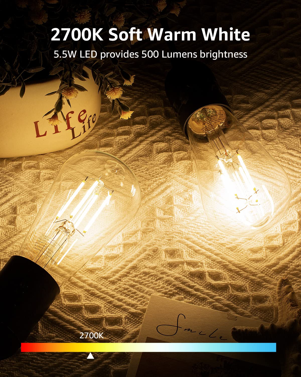 Lepro Dimmable LED Edison Light Bulbs, 2700K Warm White E26 Edison Bulbs 5.5W, 60 Watt Equivalent, Filament Vintage Bulb Clear Glass, Medium Base, ST19 Vanity Soft White, 6 Packs - Image 3