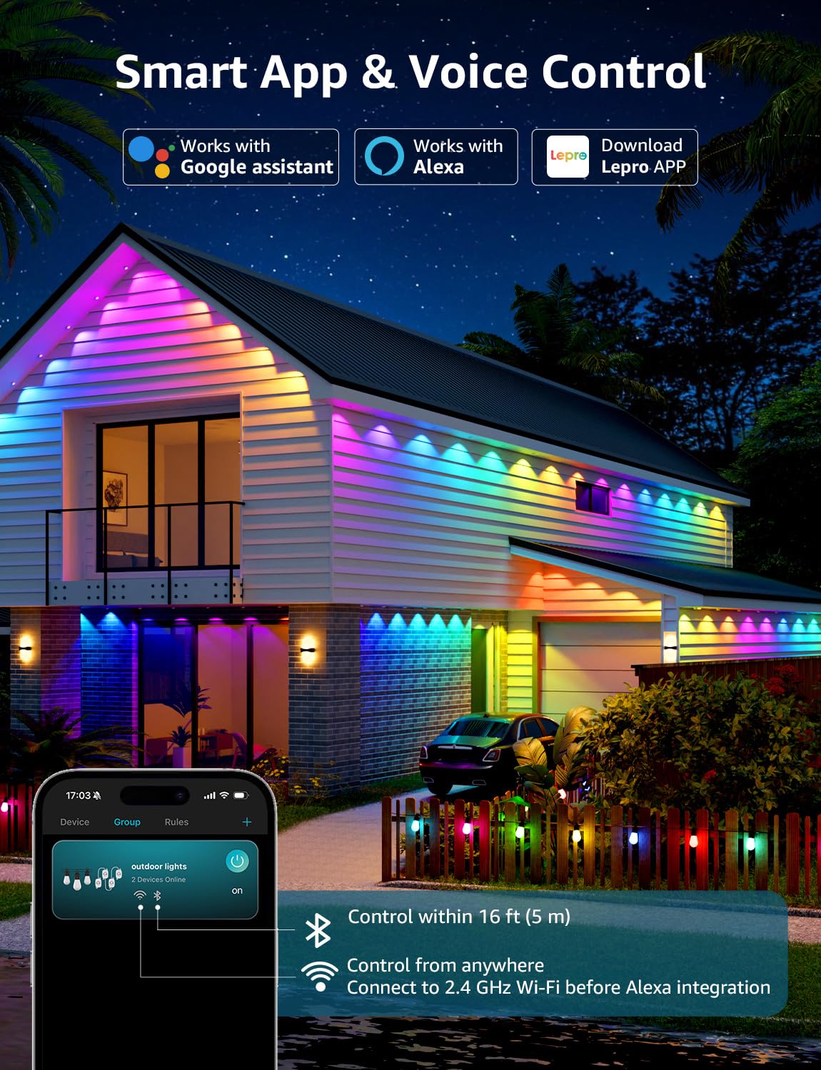 Lepro EE1 AI Permanent Outdoor Lights with Dual-Output, 200ft 120 LED RGB+IC Smart Outside Light for House Christmas Decor,Alexa Google Enabled 2.4 GHz WiFi/Bluetooth, APP Control No Remote Controller - Image 8