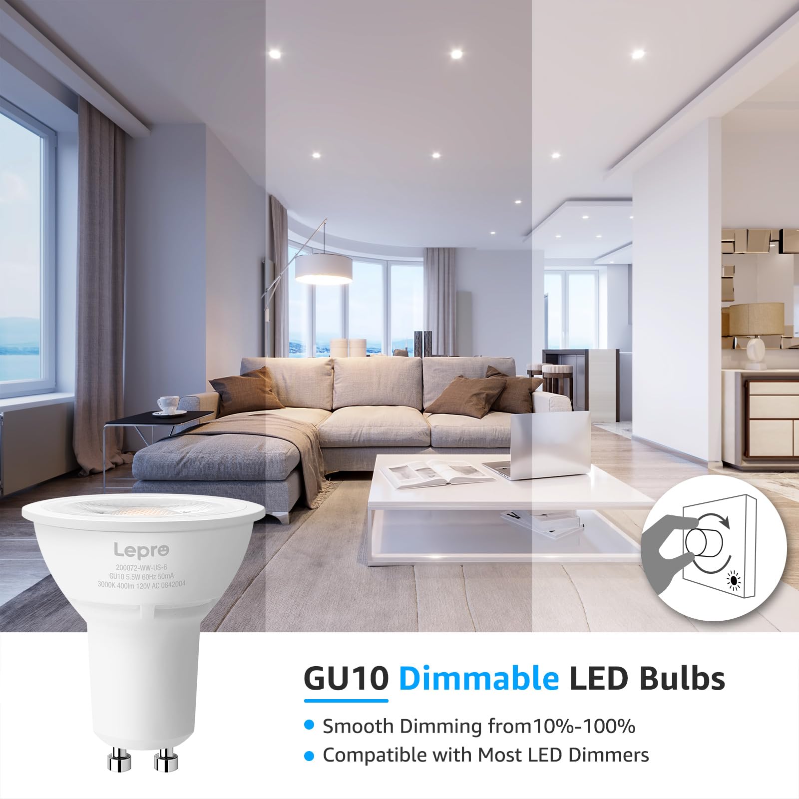 Lepro GU10 LED Bulb Dimmable, 50W Halogen Equivalent Light Bulbs, 5.5W 5000K Daylight White Replacement for Recessed Track Lighting, 40°Spotlight for Kitchen Range Hood Living Room & Bedroom, 6 Pack - Image 3
