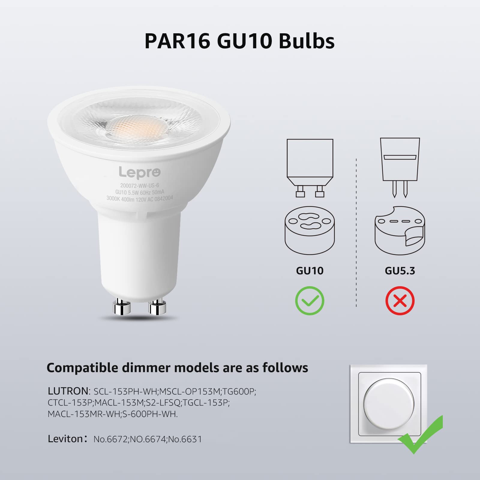 Lepro GU10 LED Bulb Dimmable, 50W Halogen Equivalent Light Bulbs, 5.5W 5000K Daylight White Replacement for Recessed Track Lighting, 40°Spotlight for Kitchen Range Hood Living Room & Bedroom, 6 Pack - Image 4