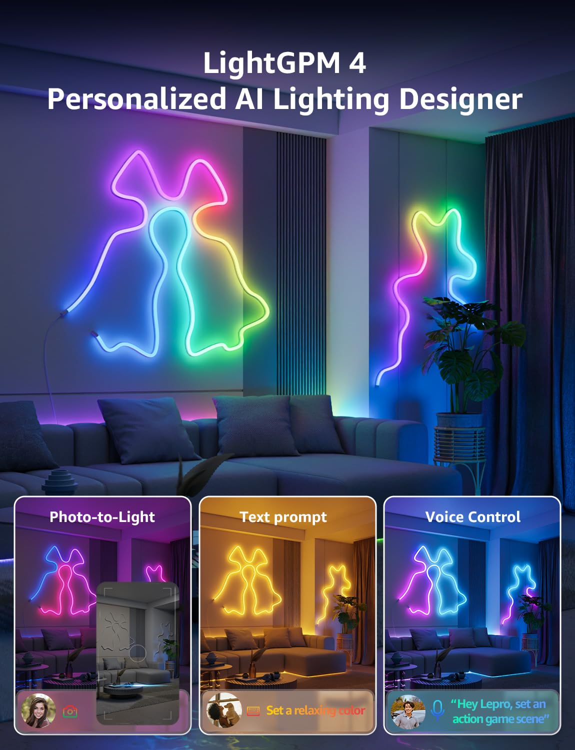 Lepro N1 AI Smart RGB Rope Lights for Christmas, Personalized AI Lighting Designer, LightBeats Music Sync, Color Segment DIY, Voice Control Via App, 32.8ft Wi-Fi & Bluetooth LED Strip Lights - Image 3