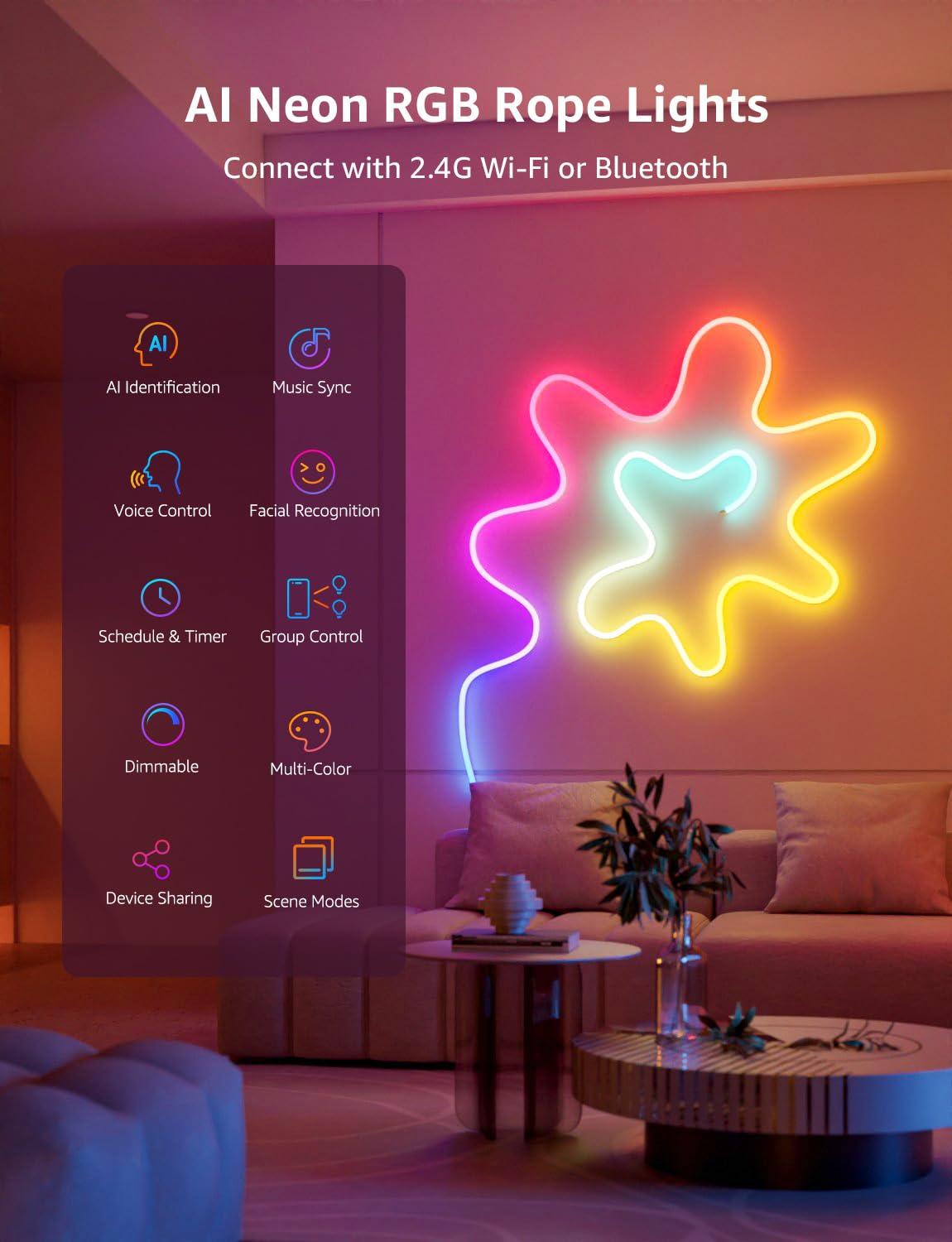 Lepro N1 AI Smart RGB Rope Lights for Christmas, Personalized AI Lighting Designer, LightBeats Music Sync, Color Segment DIY, Voice Control Via App, 32.8ft Wi-Fi & Bluetooth LED Strip Lights - Image 9