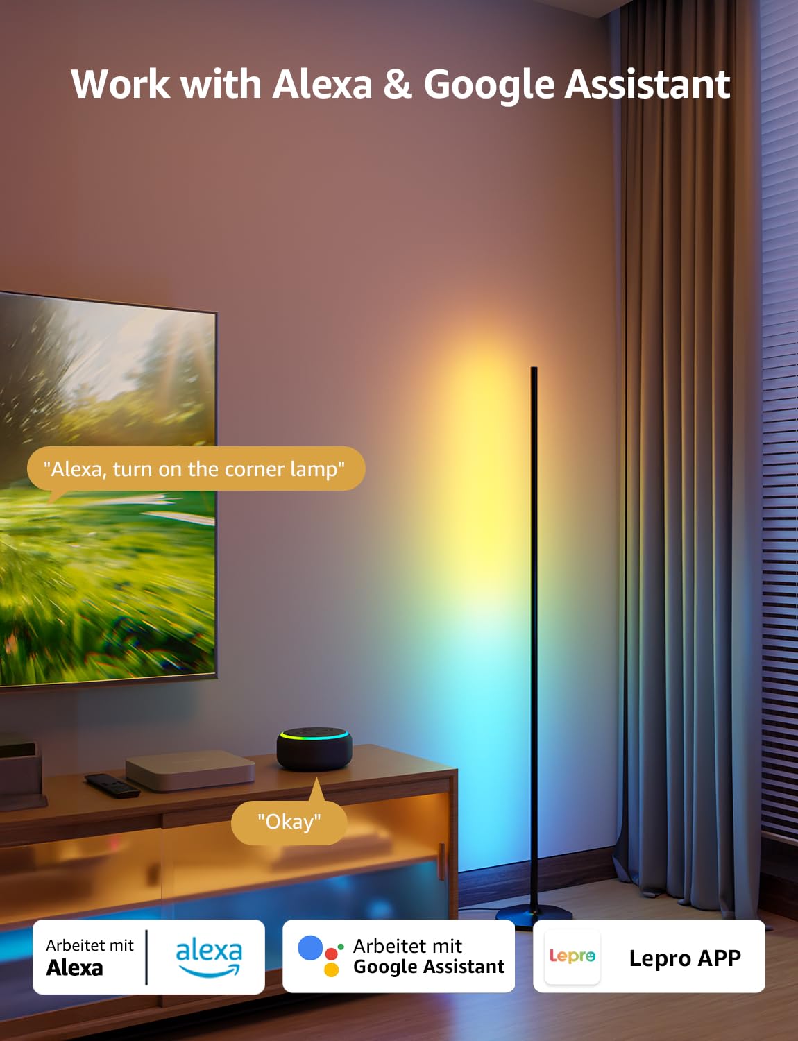 Lepro OE1 AI Corner Floor Lamp, Smart RGBICW LED Corner Lamp with Music Sync, Alexa Enabled, Personalized AI Lighting Designer, Modern Standing Lamp for Living Room/Bedroom,1000LM,2.4G WiFi, No Remote - Image 6