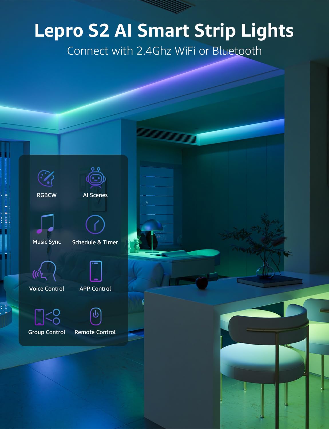 Lepro S2 AI Smart LED Strip Lights - 32.8ft RGBCW Light Strips with 2700K-5700K Tunable Warm White, Color Segment DIY, Personalized Al Lighting Designer, APP Control(No Remote), 2.4G Wi-Fi & Bluetooth - Image 9