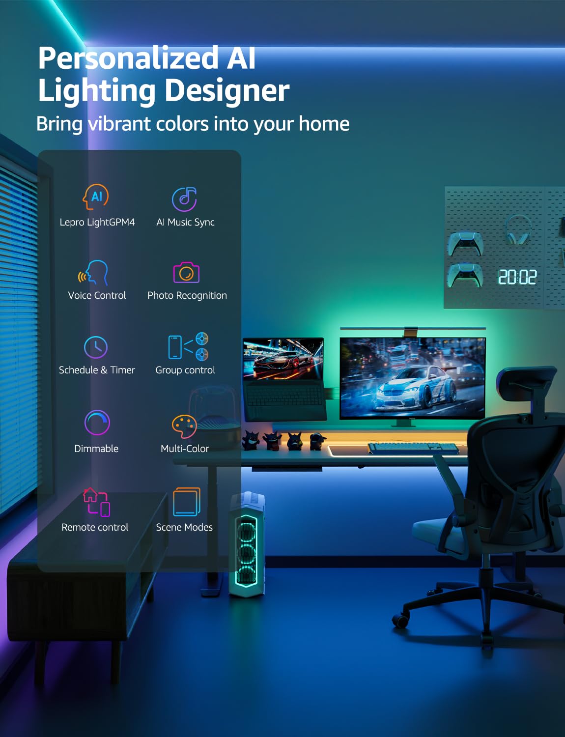 Lepro SE1 AI Smart LED Strip Lights - 16.4ft RGB Color Changing Light Strips with APP Control, AI Generated Lighting, Music Sync, 2.4GHz Wi-Fi & Bluetooth LED Lights for Home Decor (No Remote) - Image 9