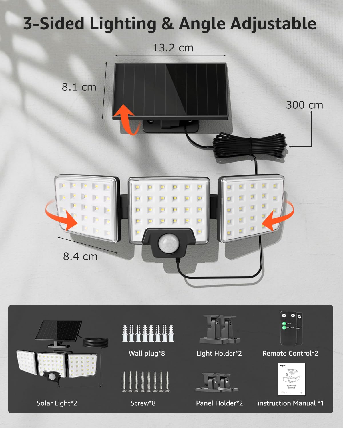 Lepro Solar Security Lights Outdoor Motion Sensor, 2 in 1 Separated and Integrated Remote Control IP65 Waterproof Solar Lights with 2 Light Modes, 3 Heads Floodlight for Garden Yard Garage - Image 7