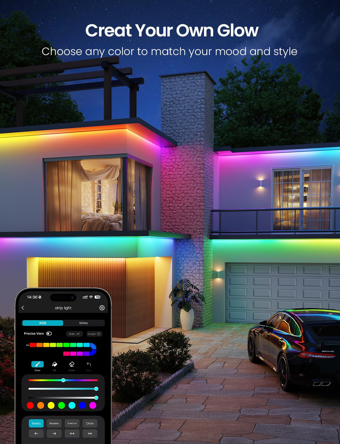 Lepro SW1 AI Smart Outdoor LED Strip Lights - 32.8ft IP65 Waterproof RGBCW Light Strips, 2700K-5700K Tunable Warm White, APP Control(No Remote), 2.4G Wi-Fi Lights for Holiday Decor, House, Porch, Eave - Image 9